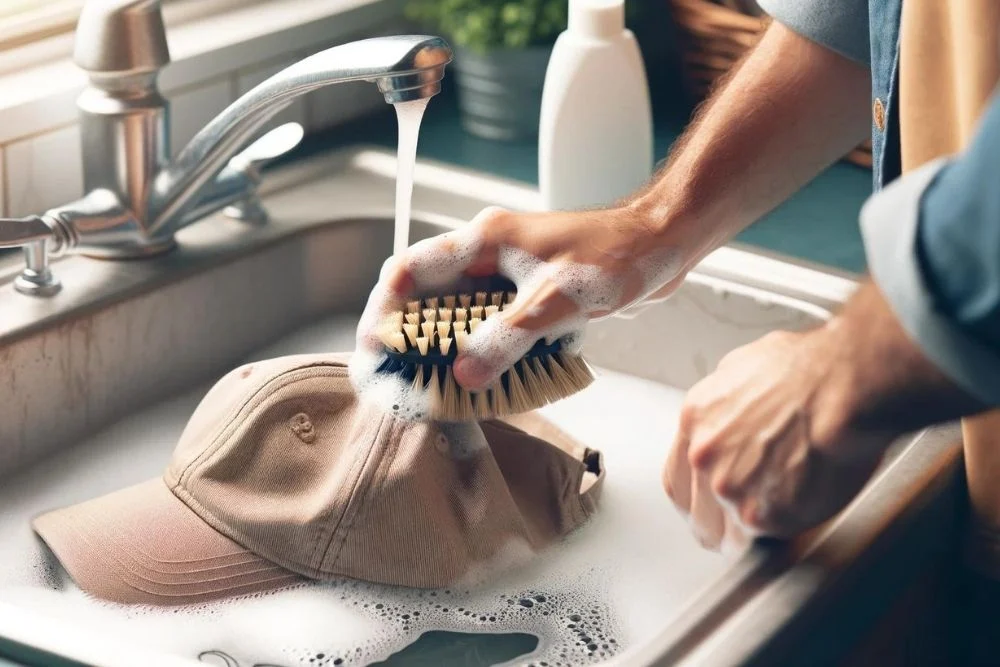 hand scrubbing beige cap in soapy water in sink